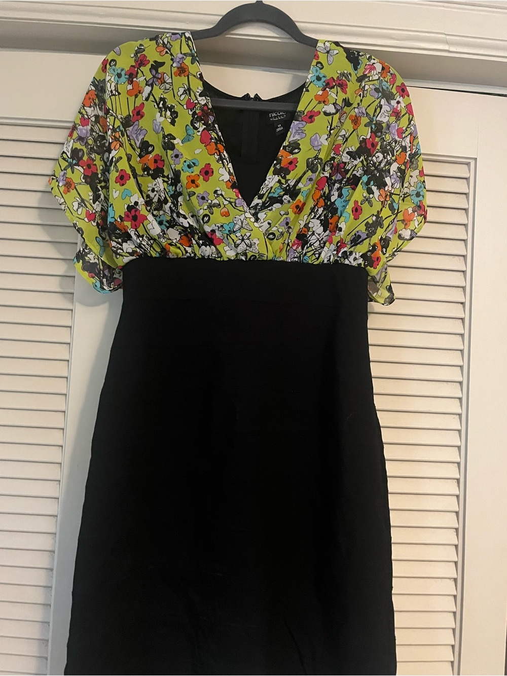 Nicole by Nicole Miller Black Dress with Lime and Lavender Floral Panels
